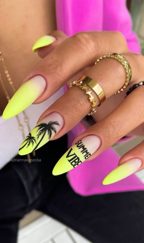 48 Most Beautiful Nail Designs to Inspire You – Dazzling Palm Nails, Neon Yellow Nails, Yellow Nails Design, Unghie Nail Art, Tropical Nails, Indigo Nails, Stiletto Nails Designs, Her Nails, Black Nail