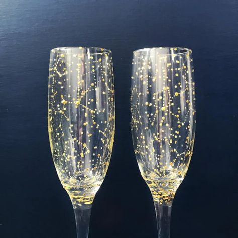 CLASSIC Celestial Starry Night Champagne Flutes Set of 2 Hand-painted Constellation Themed Stemmed Champagne Glasses, 8 Oz - Etsy Moon Wedding Theme, Starry Night Wedding Theme, Star Themed Wedding, Celestial Wedding Theme, Quinceanera Theme, Gold Champagne Flutes, Starry Night Wedding, Forest Theme Wedding, Moon Wedding