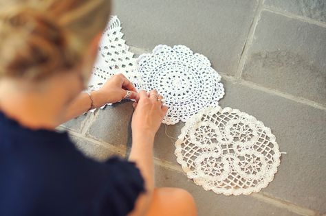 Repurposed Doilies, Diy Table Runner Wedding, Doily Table Runner, Diy Doily, Doily Crafts, Annapolis Wedding, The Wedding, Table Runner Diy, Doilies Crafts