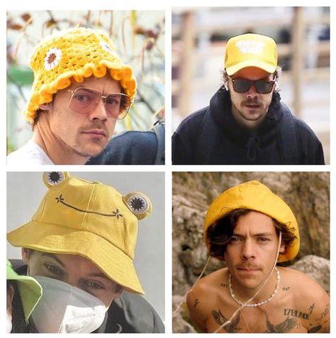 harry with yellow hats💌 Harry Styles Bucket Hat, Harry Styles Hat, Yellow Hats, Style Bucket Hat, Yellow Hat, Hat Fashion, Harry Styles, Bucket Hat, Hats