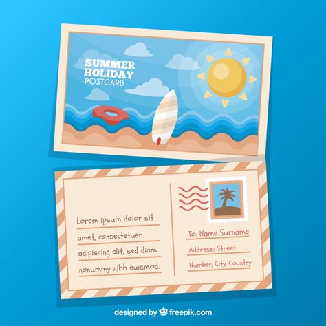 Cute summer beach postcard in flat design Free Vector Postcard Design Ideas Creative, Peepul Tree, Cute Postcards, Post Card Design, Summer Template, Postcard Ideas, Summer Banner, Background Designs, Burj Al Arab