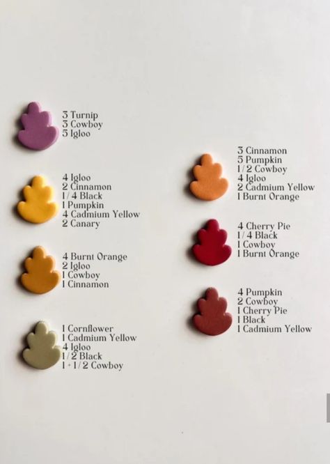 Fall Clay Color Recipes, Mustard Yellow Clay Recipe, Polymer Clay Christmas Color Recipes, Polymer Clay Color Mixing Chart, Fimo Clay Colour Recipes, Mustard Color Polymer Clay Recipe, Polymer Clay Peach Color Recipe, Clay Recipes, Color Recipe