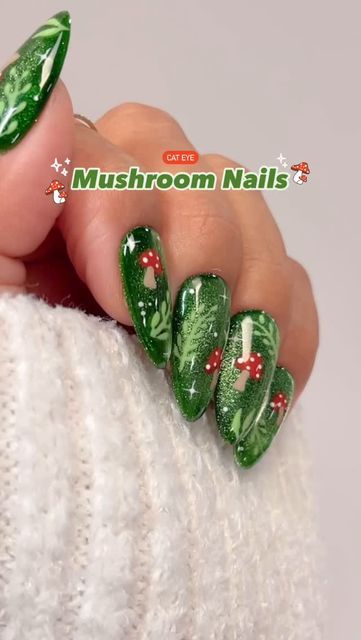 Jeanette Flores on Instagram: "Whimsical mushroom cat eye nails ✨🍄💚✨ Save and share this velvet nail look for fall inspo, Follow for more tutorials 🫶🏼   Using @dndgel (JEN25) •Purrsian Purrfection 08 •Top Coat No Cleanse 600 •Meditation Diva 278 •Nude Mocha Diva 266 •Autumn Blaze Diva 272 •Cylindrical Cat Eye Magnet •Nail Art Liner Brush 11  #dndgelpolish #dndgel #mushroomnails #fallnails #autumnnails #fallstyle #velvetnails #cateyenails #magneticnails #greennails #magneticnaildesign #nailvideos #nailarttutorial #nails #nailinspo #uñas #uñasdeotoño #diynails #pressonnails" Mushroom Nails Designs, Toadstool Nails, Mushroom Nail Designs, Magnet Nail Art, Pixie Nails, Eye Mushroom, Mushroom Nails, Fall Cats, Eye Nail Art