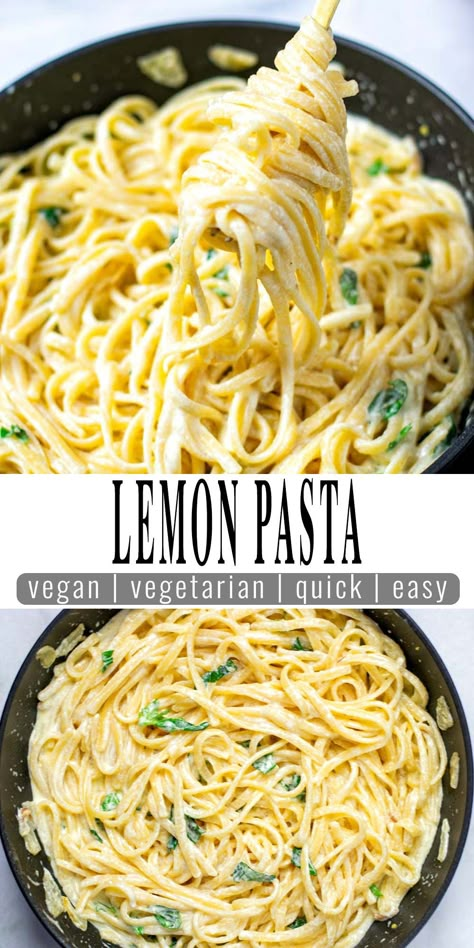 If you're looking for a delicious vegan dish that's easy to make in your own home, look no further than Lemon Pasta! This versatile recipe includes pantry staples like pasta, garlic, olive oil, and lemon juice, making it the perfect meal for busy weeknights. With its tangy flavor and creamy texture, it's sure to satisfy the whole family! Follow for more easy recipes! Vegan Creamy Lemon Pasta, Healthy Dinner No Dairy, Vegan Bucatini Recipes, Vegetarian Lemon Pasta, Hearty Vegan Recipes, Easy Family Dinners Vegetarian, Easy Healthy Meals Pasta, Meals To Keep In The Fridge, Easiest Vegan Meals