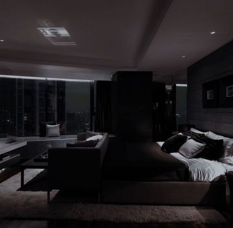 Black Mansion Bedroom, Penthouse Bedroom Aesthetic, Black Luxury House, Mafia House Aesthetic, Mansion Background, Bedroom Aesthetic Dark, Penthouse Aesthetic, Penthouse Bedroom, Bedroom Luxury Design