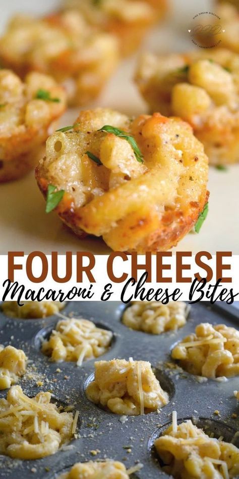 Four Cheese Macaroni & Cheese Bites Mini Macaroni And Cheese Bites, Mac And Cheese Cups Easy, Mini Pasta Appetizer, Pasta Starter Recipes, Mac And Cheese Mini Cups, Mini Mac N Cheese Bites, Macaroni And Cheese Bites Appetizers, Pasta Bites Appetizers, Macaroni Appetizers