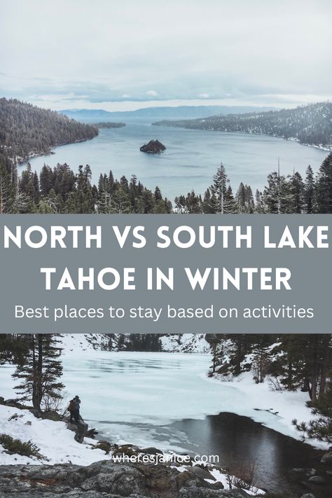 Are you ready to discover the ultimate winter wonderland? Dive into our detailed exploration of North vs. South Lake Tahoe as we uncover the best winter activities and accommodations available. From snow-covered slopes to cozy cabins, there's something for everyone in this beautiful Lake Tahoe region. Are you on team North or team South? Click to read more. Lake Tahoe Winter Vacation, Lake Tahoe December, Things To Do In South Lake Tahoe, Lake Tahoe In Winter, North Vs South, North Lake Tahoe Winter, South Lake Tahoe Winter, Edgewood Tahoe, Lake Tahoe Winter