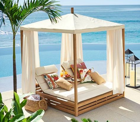 Lounge Cabana | Bed: http://beachblissliving.com/bring-a-beach-cabana-to-the-backyard-for-the-ultimate-lounging-experience/ Daybed Outdoor, Outdoor Cabana, Daybed Cushion, Double Chaise Lounge, Teak Patio Furniture, Patio Daybed, Outdoor Loungers, Pool Cabana, Beach Cabana