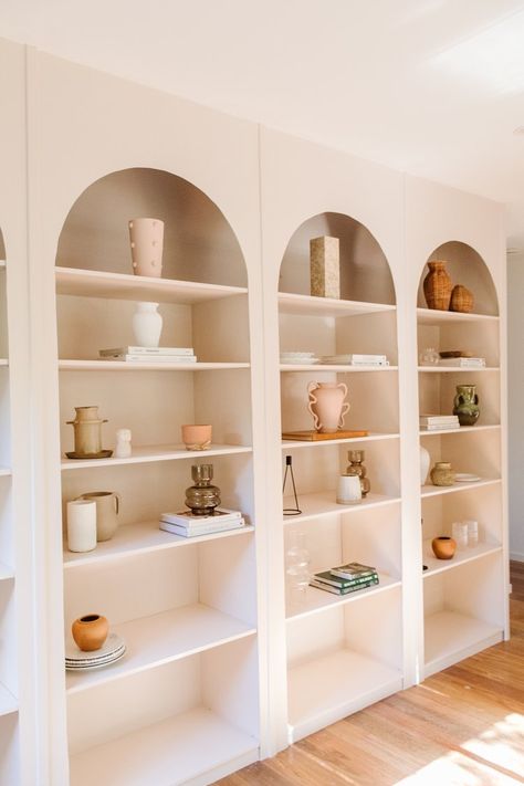 DIY Arched Wall Library — Smor Home Wardrobe Inserts, Arched Wall, Niche Shelving, Plywood Walls, Arched Shelves, Garage Remodel, Wall Library, Library Wall, Clay Pipe