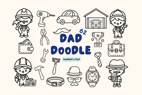 Dad Doodle is a playful and heartwarming font featuring hand-drawn illustrations inspired by fatherhood. With doodles of tools, ties, mustaches, and added mechanics, cars, and leather. Whether for Father’s Day cards or automotive-themed projects, this font captures the love and playfulness of fatherhood in a delightful and versatile way. Try before you buy Dad Doodle […] The post Dad Doodle Font appeared first on FreeFontDL. Calendar Doodles, Doodle Font, Monogram Tattoo, Postcard Mockup, Doodle Fonts, Commercial Fonts, Kawaii Doodles, Cartoon Background, Creative Icon