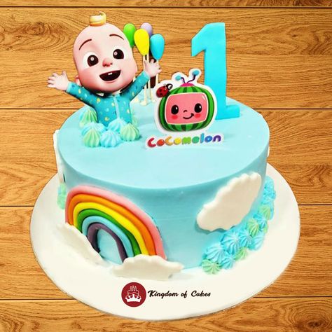 If you have a toddler in your house, you would have hum the tune of cocomelon for your toddler to make him feel happy. Inspired by the music ,The cake features singing watermelon characters full of fruits, blue sky with clouds,sky ,stars and a rainbow on the side. This tingling cake will glow the face of your baby child which will light the color of the house. Celebrate the glowing moments with the colorful smiling cocomelon cake. Delhi www.kingdomofcakes.in call +91 9999812200 Cartoon Character Cake Design, Simple Cocomelon Cake, Cocomelon Theme Cake, Baby Cake Design, Cocomelon Theme, Cocomelon Cake, Cake Designs For Boy, Cartoon Birthday Cake, Second Birthday Cakes