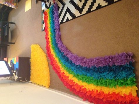 Rainbow Ceiling Decorations, Rainbow Reading Nook, Tissue Paper Rainbow, Spring Classroom Door, Rainbow Bulletin Boards, Diy Toddler Toys, Tissue Paper Decorations, Rainbow Project, Post Prom