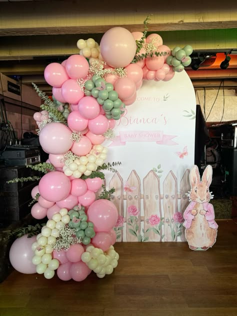 Peter rabbit baby shower Peter Rabbit Backdrop Ideas, A Little Bunny Is On The Way Baby Shower Decorations, Baby Shower Easter Theme, Easter Baby Shower Ideas Girl, Peter Rabbit Girl Baby Shower Ideas, Pink Peter Rabbit Baby Shower Ideas, Pink Bunny Baby Shower Ideas, Peter Rabbit Balloon Arch, Easter Theme Baby Shower Ideas