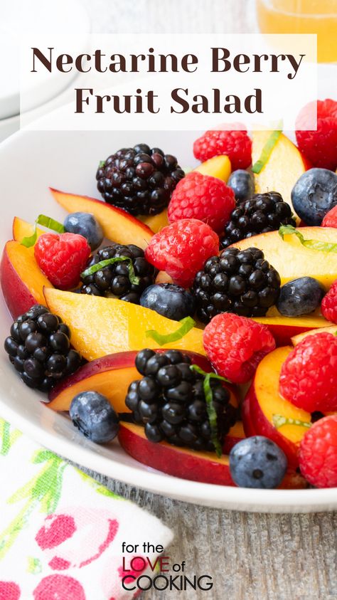 This fresh and delicious nectarine berry fruit salad with honey lime dressing and fresh basil is the perfect summer fruit salad. #recipes #fruitsalad #nectarines #blackberries #raspberry #vegetarianrecipes #SummerSalad #toohottocook Nectarine Fruit Salad, Sandwiches For Dinner, Salad With Honey Lime Dressing, Fruit Salad With Honey, Nectarine Salad, Fruit Salad Ingredients, Summer Fruit Salad, Berry Fruit Salad, Honey Lime Dressing