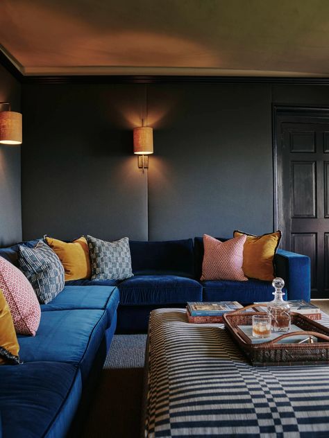 Cotswold Family Manor | Sims Hilditch - Sims Hilditch Family Manor, Cinema Rooms, Blue Sofa Living, Sims Hilditch, Armchair And Ottoman, Blue Velvet Sofa, Moody Interiors, Timeless Interiors, Lets Stay Home