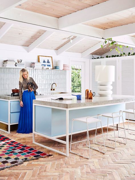 ISLAND & Concrete Counters Torquay Victoria, Terracotta Tile Floors, Terracotta Floors, Kitchen Island Bench, Mcm House, Terracotta Floor, Island Bench, Bungalow Style, Australian Homes