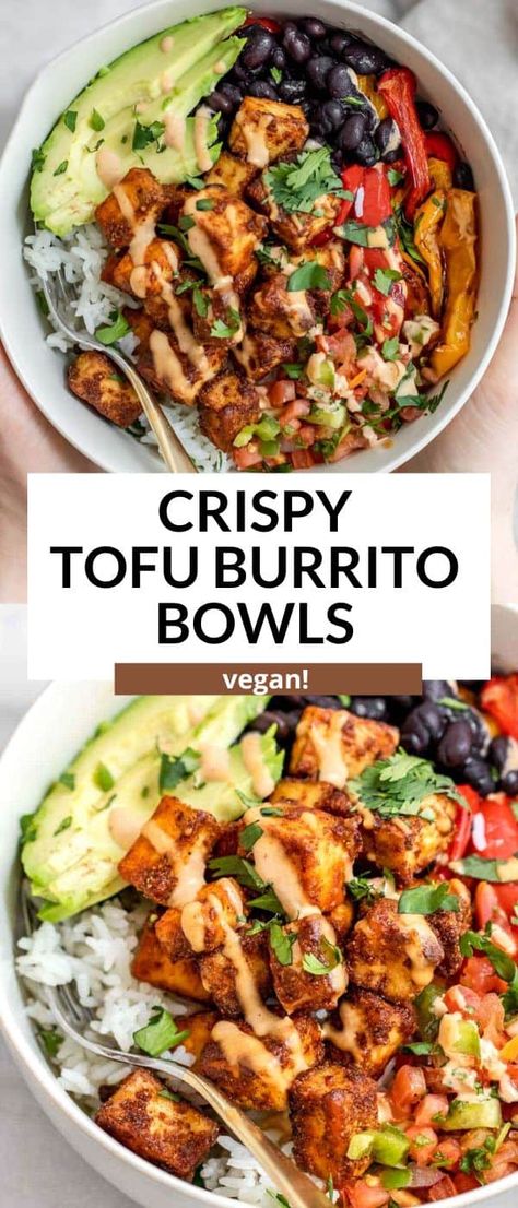 Spicy Baked Tofu Burrito Bowl Baked Tofu And Veggies, One Pot Tofu Recipes, Rice Bowls Vegan, Healthy Recipes Tofu, Tofu Rice Recipes, Tofu Recipes High Protein, Quick Tofu Lunch, Easy Healthy Tofu Recipes, Healthy Tofu Dinner Recipes