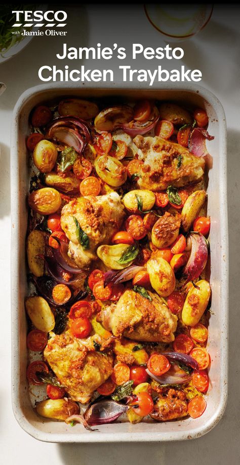 Jamie’s pesto chicken traybake makes a wonderful midweek dinner. With juicy tomatoes, fresh basil and peppery rocket, this dish is sure to be a hit with all the family. | Tesco Chicken Tray Bake Recipes Jamie Oliver, Chicken Traybake Recipes, One Tray Chicken And Vegetables, Easy Traybake Recipes Dinner, Healthy Dinner Recipes Uk, Easy Midweek Dinners, Oven Bake Recipes Easy, Chicken Traybake, One Tray Oven Dinners