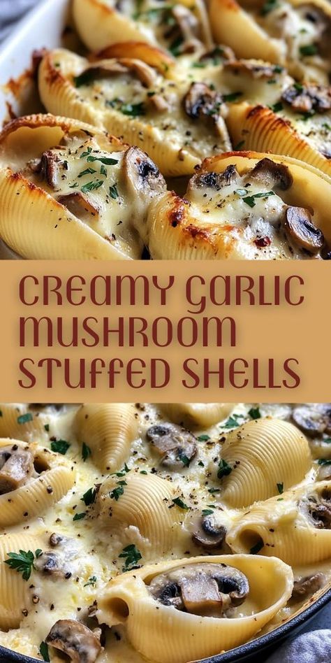 Dive into this indulgent garlic mushroom stuffed shells recipe with a creamy, dreamy sauce! Perfect for pasta lovers who want a rich and satisfying meal. 🌟 These stuffed shells are filled with garlic, mushrooms, and cheese, then baked to perfection. 🧄🍄 Ideal for dinner parties, holidays, or cozy family meals. Ready to impress your guests? Get the recipe now and enjoy a cheesy, flavorful experience! 🧀🍝 #StuffedShells #CreamyPasta #MushroomRecipe #PastaLovers #DinnerParty #EasyDinner Mushroom Stuffed Shells, Shell Pasta Recipes, Mushroom Stuffed, Creamy Garlic Mushrooms, Shells Recipe, Cheese Stuffed Shells, How To Cook Mushrooms, Stuffed Shells Recipe, Impressive Recipes