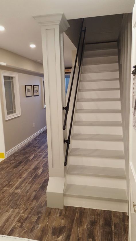 #makeover #renovation #homdecor Narrow Stair Railing Ideas, Stair Railing Ideas Basement, Enclosing Basement Stairs, Farmhouse Basement Stairs, Basement Staircase Railing, Painting Basement Stairs Ideas, Narrow Basement Stairs, Opening Up Basement Stairs, Open Stairwell Ideas