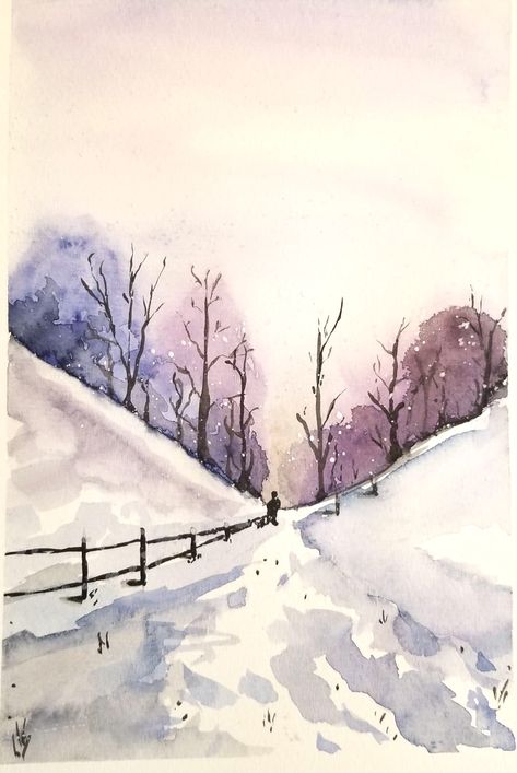 Winter Landscape Watercolor Snow Scenes, How To Paint Snow Watercolor, Watercolour Christmas Scene, Winter Forest Watercolor, Snow Watercolor Paintings, Winter Landscape Painting Easy, Winter Watercolor Paintings Easy, Watercolor Art For Beginners Simple Easy, Winter Watercolor Simple