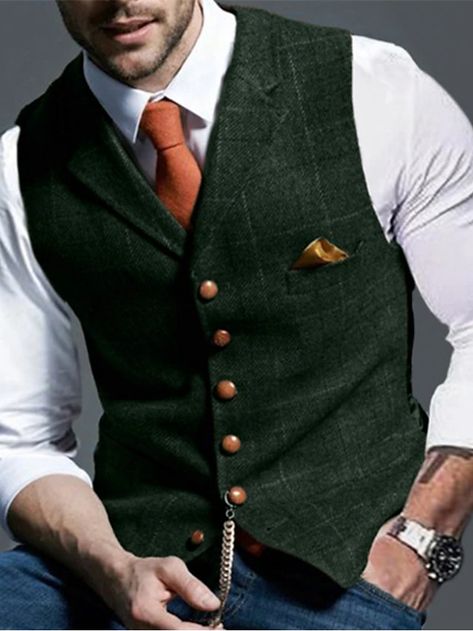 Men's Retro Vintage Vest Herringbone Tailored Fit Notch Single Breasted More-button Light Green Blue Dark Green 2023 2024 - $35.99 Groom Tux Ideas, Mountain Vow Renewal, Frontier Fashion, Mens Green Vest, Suit Vest Outfits, Vest Tailored, Bridgerton Outfits, Casual Fall Wedding, Dress Code Ideas