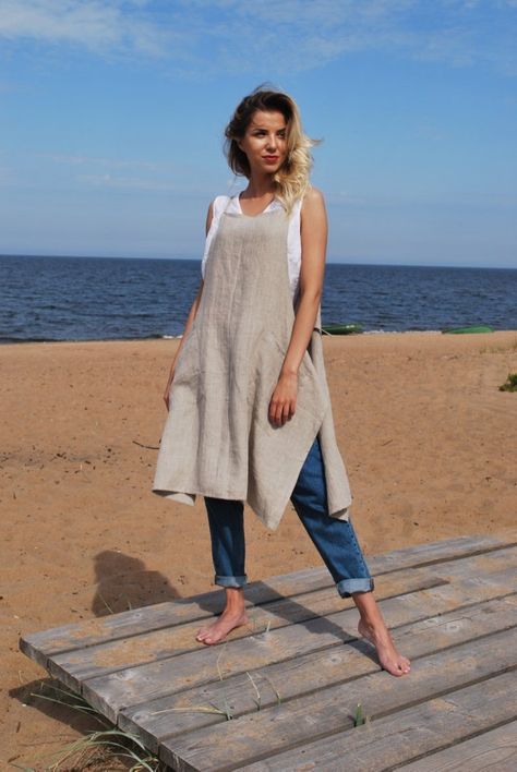 Linen Apron Dress In Natural Soft Washed Linen Apron Dress | Etsy Linen Apron Dress, Grey Apron, Stylists Aprons, Linen Summer Dress, Natural Linen Dress, Sleeveless Linen Dress, Linen Tunic Tops, Linen Summer, Natural Linen Fabric