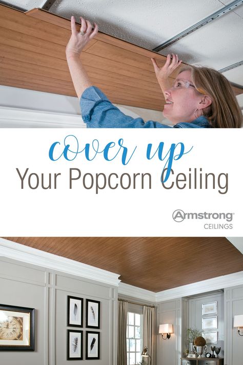 Cover up your popcorn ceiling with Armstrong Ceilings. #sponsored Covering Popcorn Ceiling, Easy Home Improvement Projects, Shiplap Ceiling, Armstrong Ceiling, Easy Home Improvement, Diy Hanging Shelves, Plank Ceiling, Beadboard Ceiling, Popcorn Ceiling