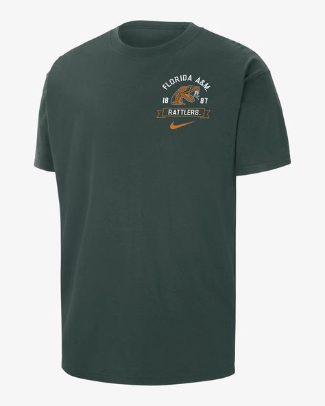 FAMU Max90 Men's Nike College T-Shirt. Nike.com Spirit Wear Designs, Basketball Tshirt Designs, Volleyball Designs, Apparel Design Inspiration, Mens Casual Outfits Summer, Unique Place, College T Shirts, Nike T, Tshirt Ideas