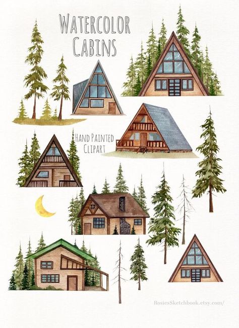 Camping illustration Camping Illustration, Trees Clipart, Woodland Clipart, Christian Drawings, Tree Doodle, Watercolor House Painting, Simple Cottage, Woodland House, Rustic Cabins