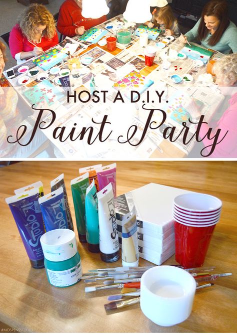 How to host a D.I.Y. art painting party - www.mospensstudio.com Craft Party Ideas, Wine And Paint Night, Diy Paint Party, Night Kids, Moms Night, Diy Bird Bath, Wine And Canvas, Wine Painting, Sip N Paint