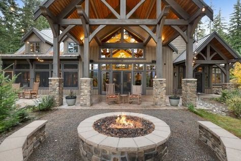 Suncadia Resort sits surrounded by 6,000 acres of forested mountain landscape. House Brick, Open Concept Great Room, Mountain Home Exterior, Front Porch Lighting, Rustic Cafe, Carolina House, Interior Design Rustic, Wood Ceiling, Willow Creek