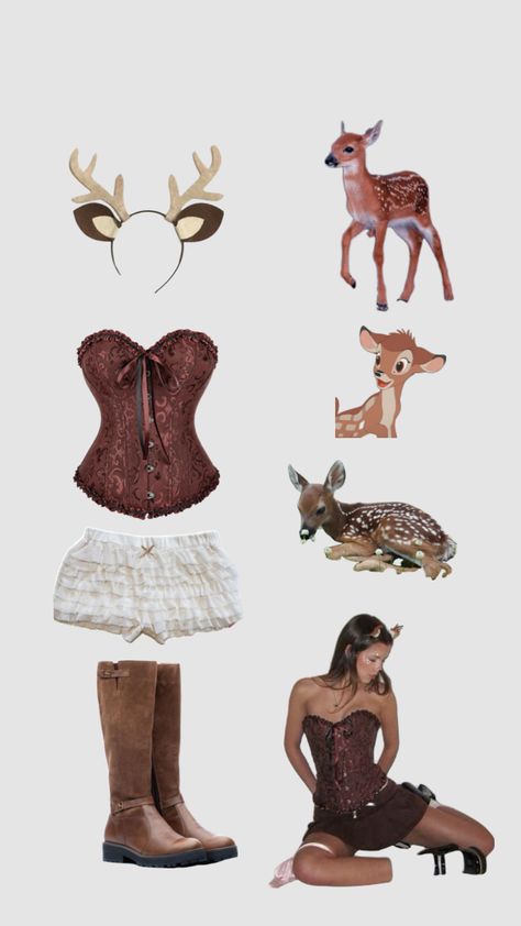 Halloween Costume Inspo 2024 Solo, Deer In The Headlights Costume, Reindeer Outfit Women, Deer Couple Costume, Fawn Costume, Deer Halloween Costumes, Deer Halloween, Bunny Artwork, Reindeer Outfit