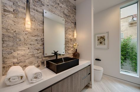 Modern master bathroom with luxury pendant lights Powder Room Pendant, Houzz Bathroom, Modern Powder Rooms, Modern Powder Room, Arizona Tile, Stone Accent Walls, Bathroom Accent Wall, Design Home App, European Cabinets