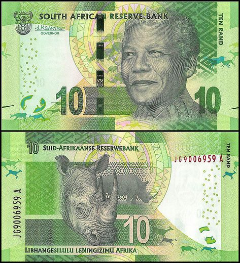 South Africa is a very popular Sub Saharan African country. Some of its tourist attractions are game reserves, safaris, and museums. South Africa 10 Rand Banknote, 2015. Its colored in green with a few shades of white and yellow. Throughout the banknote you can find traditional African patterns. The front features a portrait of late president Nelson Mandela. He is still the face of revolution, change and an end of apartheid. The reverse features an image of a white rhinoceros. Banknotes Money, Banknote Collection, Currency Design, Foreign Currency, Currency Note, Money Notes, Rare Coins Worth Money, Money Design, Africa Do Sul