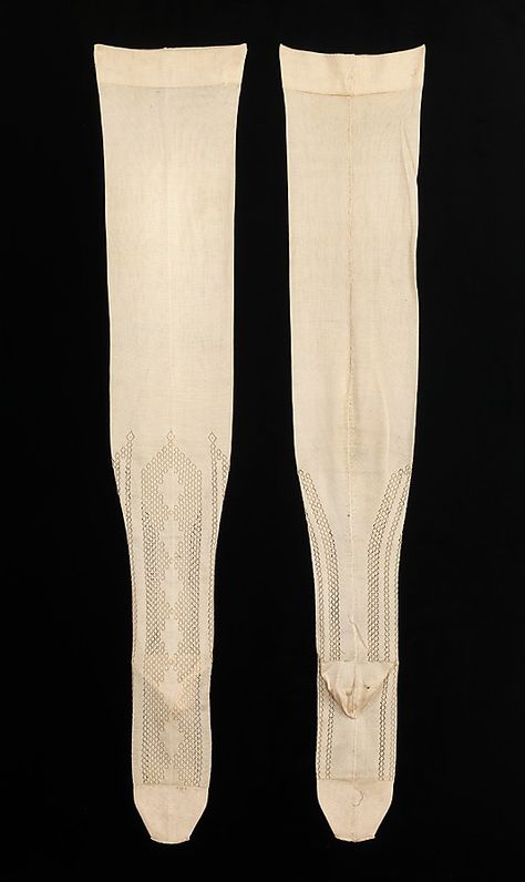 1890 Stockings Culture: American Medium: silk Stockings, originally designed for practical purposes, soon transformed into a fashionable accessory with the invention of the knitting frame in 1589 and then the circular-knitting machine in 1816. This technology allowed for a tighter weave and a better fit. Also, it was much easier to produce stockings, making them more affordable and readily available to a larger public. Plain white stockings were in mode for quite some time. Chicago History Museum, Circular Knitting Machine, White Stockings, Silk Stockings, Edwardian Fashion, Circular Knitting, Garters, Historical Fashion, Machine Knitting