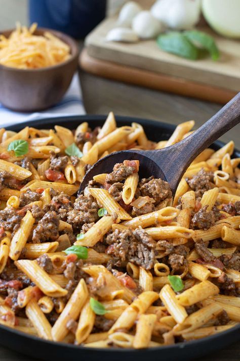 Easy Cheesy Ground Beef Pasta - COOKtheSTORY Ground Beef Pasta Skillet, Cheesy Ground Beef Pasta, Pasta Recipes With Ground Beef, Roasting Frozen Vegetables, Sausage Pasta Dinner, Marinated Mushrooms Recipe, Italian Sausage Seasoning, Pasta With Ground Beef, Ground Beef Pasta Recipes