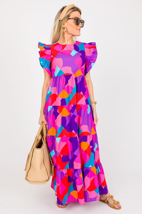 Poplin Abstract Midi, Purple/Fuchsia - New Arrivals - The Blue Door Boutique Fashion Outfits Colourful, Boho Womens Clothing, Abstract Dress, Poplin Dress, Hippie Outfits, Colourful Outfits, Creative Fashion, Colorful Fashion, Dream Dress