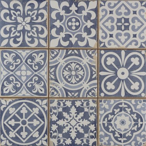 Faenza Rustic Blue Patterned Matt Tile Vintage Industrial Design, Beach Bathroom, Printed Tile, Merola Tile, Rustic Blue, House Tiles, Interior Modern, Square Tile, Blue Tiles