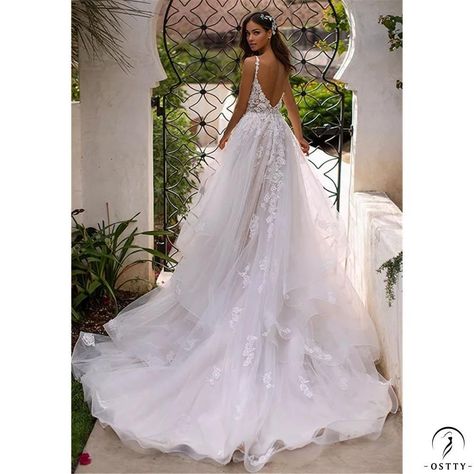 OSTTY - Long Boho A-Line Backless Wedding Dress 3D Flowers Spaghetti Straps Bride Dresses $292.50 Wedding Dress 3d Flowers, A Line Backless Wedding Dress, Wedding Dresses 3d Flowers, Backless Bridal Gowns, Princess Wedding Gown, Dresses For Pregnant Women, Princess Bridal, Floor Length Wedding Dress, Sweetheart Neckline Dress