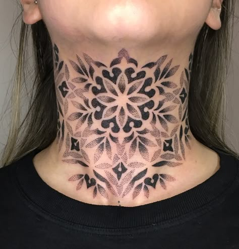 Full Back Tattoo Women Cover Up, Mandela Neck Tattoos Women, Neck Tattoos Women Color, Neck Tattoos Women Mandala, Girly Throat Tattoo, Throat Mandala Tattoo, Dot Work Neck Tattoo, Ornamental Throat Tattoo, Middle Of Neck Tattoo