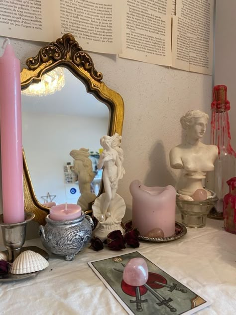 Love Witch Aesthetic Bedroom, Aphrodite Aesthetic Bedroom, Worshiping Aphrodite, Aphrodite Alter Ideas, Altar For Aphrodite, Aphrodite Altar Aesthetic, How To Worship Aphrodite, Altar Aphrodite, Aphrodite Ritual