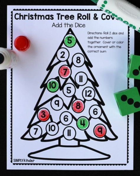 Christmas Tree Roll & Cover Christmas Math Games - Simply Kinder Christmas Tree Activity For Kids, Christmas Math Games First Grade, Roll A Tree Dice Game, Christmas Math Activities Kindergarten, Christmas Tree Math, December Centers, Christmas Math Games, Easy Math Games, Christmas Math Centers