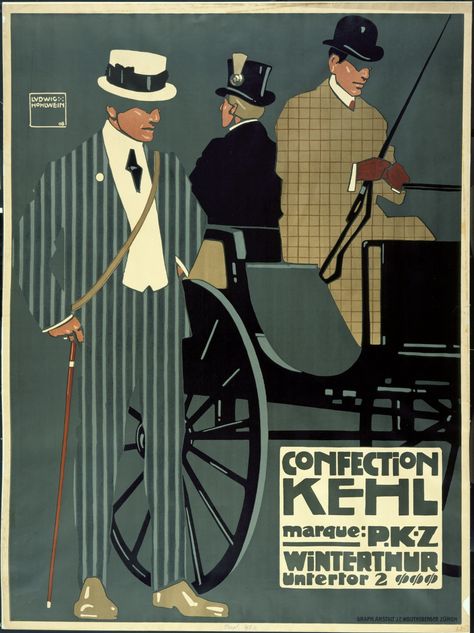 Ludwig Hohlwein. Confection Kehl, Marque: PKZ, Winterthur Untertor 2. 1908 | MoMA Ludwig Hohlwein, Poster Artist, Stage Designer, Winterthur, Vintage Mens Fashion, Commercial Art, Advertising Poster, Poster Vintage, Vintage Magazine