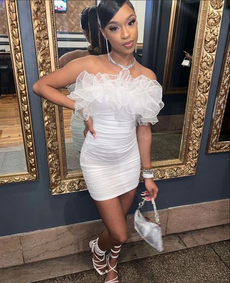 Clueless White Dress Outfit, 8 Grade Prom Dresses Black, Cute Birthday Outfits Black Women Sweet 16, Sweet 18th Birthday Outfit, Ruffle Dress Black Women, 13 Birthday Dress Ideas, White Sweet Sixteen Dresses, Birthday Outfits 12-14, Sweet 16 Second Outfit