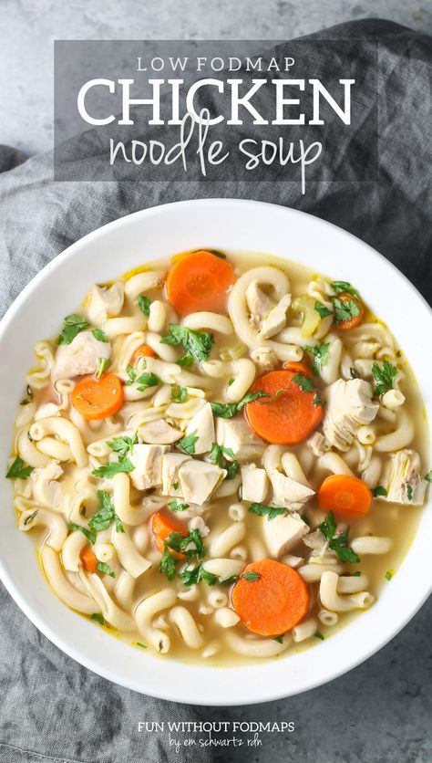 Cozy up to a bowl of this comforting Low FODMAP Chicken Noodle Soup. This easy recipe uses just 8 ingredients, including whole-grain brown rice pasta, and is ready in about 30 minutes. #lowfodmap #onionfree #chicken #soup Chicken Noodle Soup Rotisserie, Fodmap Chicken, Fodmap Recipes Dinner, Low Fodmap Chicken, Low Fodmap Recipes Dinner, Fodmap Meal Plan, Chicken Noodle Soup Crock Pot, Low Fodmap Diet Recipes, Fodmap Diet Recipes