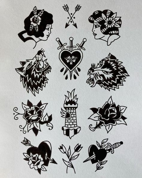 Small New School Tattoo Designs, Tattoo Ideas American Traditional Black, Basic Traditional Tattoo, Small Black Traditional Tattoo, Traditional Sticker Tattoo, Traditional Style Tattoo For Women Black And White, Woman With Afro Tattoo, Small American Traditional Tattoo Black And Grey, Flash Tattoo Designs Traditional