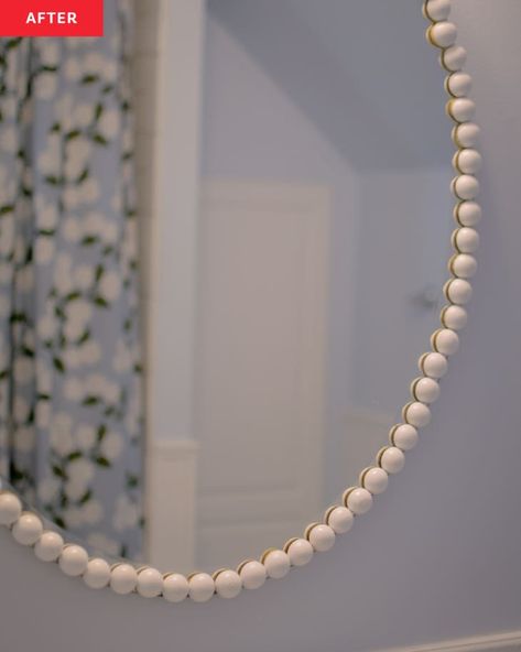 This Builder-Grade Mirror DIY Adds "Bubble" Style to My Bathroom | Apartment Therapy Mirrors In Bathroom, Bubble Mirror, Bubble Diy, Vintage Inspired Bathroom, Bathroom Apartment, Bubble Style, Builder Grade, Color Spray, Wood Circles