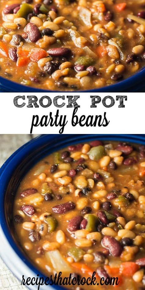 Crock Pot Party Beans: The PERFECT dish for any potluck! Fantastic flavor. Everyone will want this recipe. 5 Bean Casserole Crock Pot, Best Bean Recipes Crock Pot, Jacobs Cattle Bean Recipes, Mixed Beans In Crockpot, Mix Beans Recipe, Fancy Baked Beans, Pot Of Beans Recipe, 6 Bean Medley Recipes, Multi Bean Baked Beans