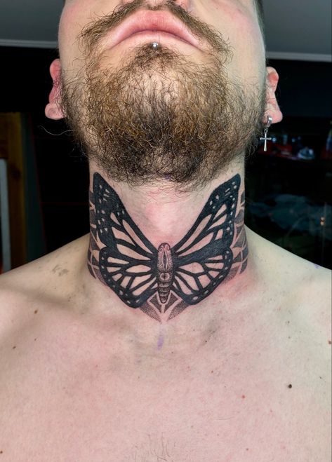 Butterfly neck tattoo male tattoo Butterfly Neck Tattoo Men, Women Neck Tattoo Ideas, Men Neck Tattoo Ideas, Male Neck Tattoo, Neck Tattoo Ideas Female, Neck Tattoos Men, Full Neck Tattoos, Tattoo Male, Butterfly Neck Tattoo